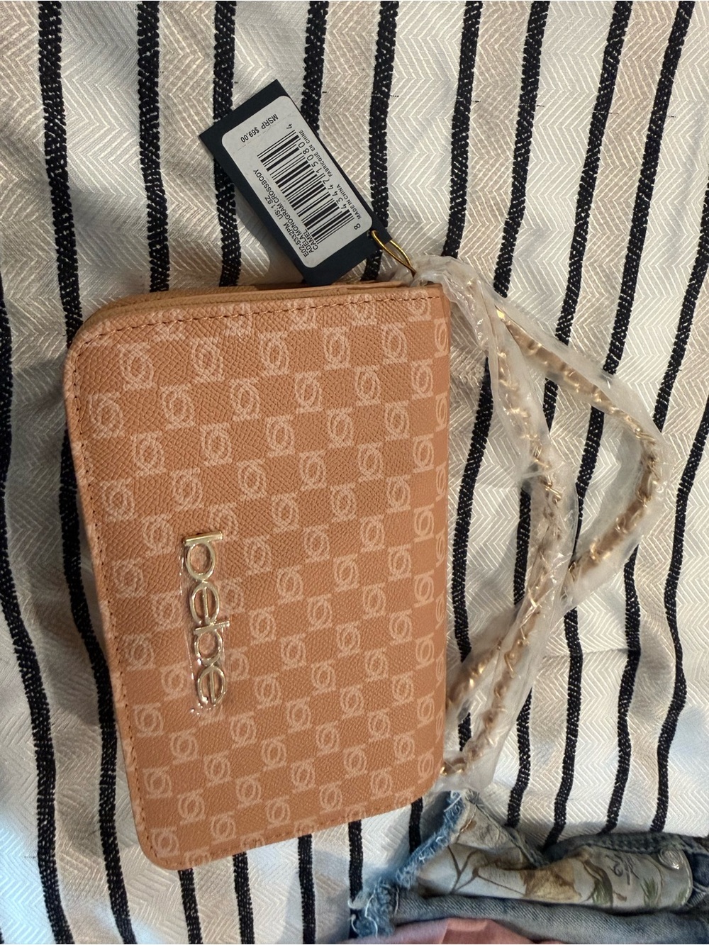 bebe Beige Monogram Zip Crossbody Wallet